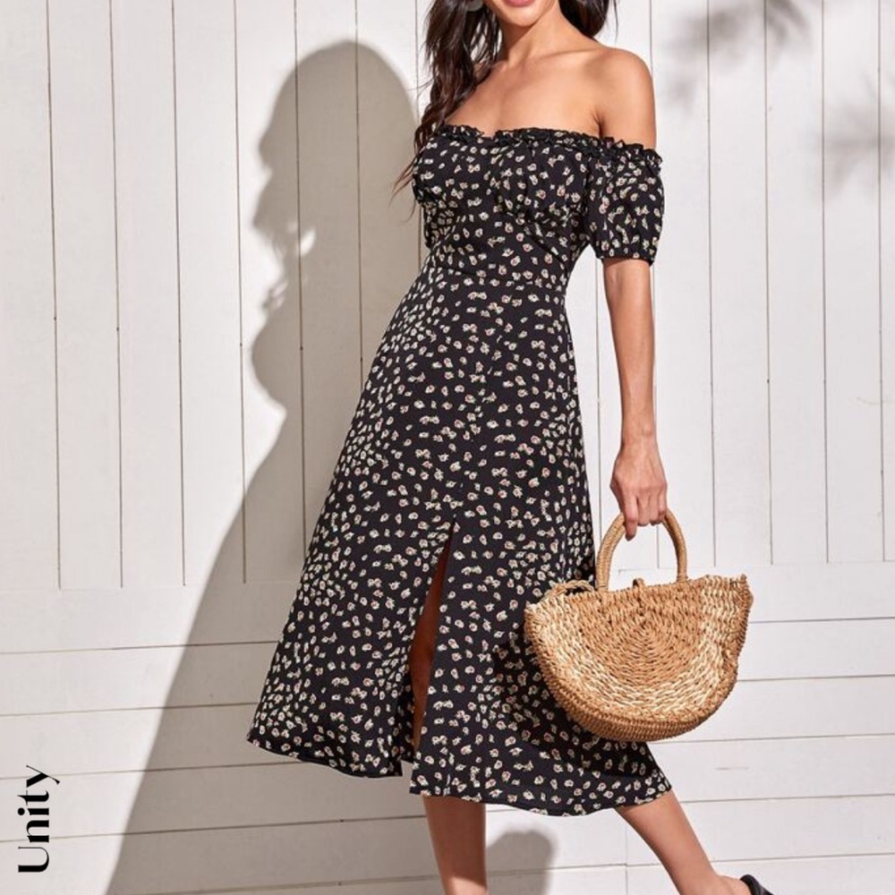 SHEIN Ditsy Floral Split Thigh Bardot Off the Shoulder Dress